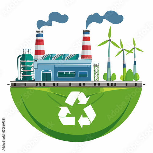 Eco-Friendly Factory A Vector Illustration of Flying Green Technology