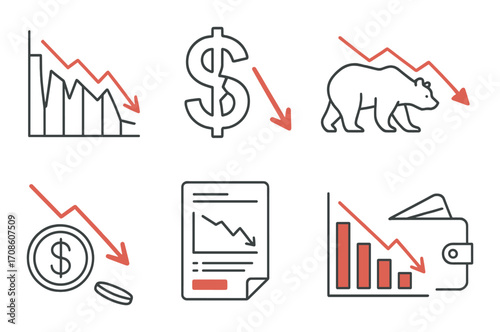 Bear market icons: declining graphs, dollar signs, and wallets illustrating economic downturn