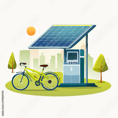 Eco-Friendly Vector Illustration A Flying Bicycle's Solar Charging Station