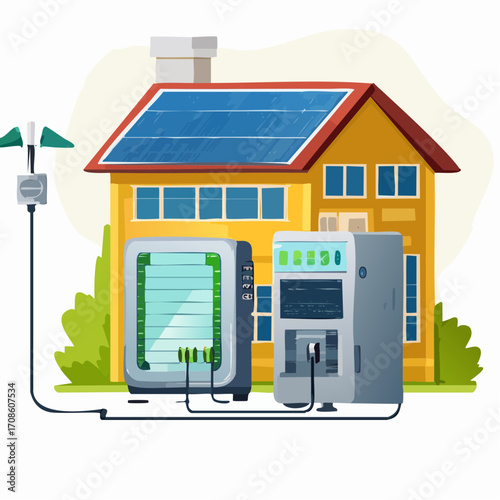 Eco-friendly vector illustration showcasing a house with solar panels, electric vehicle charger, and a flying drone for environmental monitoring and energy efficiency