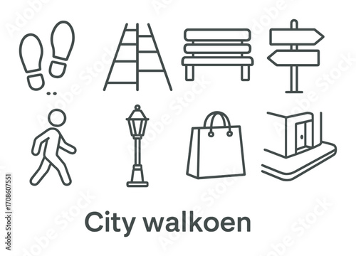 Urban exploration icons: footprints, ladder, bench, signs, walking figure, lamp, shopping bag