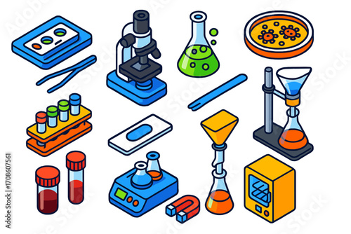 Scientific Lab Equipment Icons. Isometric vector illustration set scientific lab equipment and microbiology: microbiology test kit