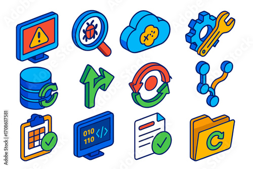 Development Tools Icons. Isometric vector illustration set bug fixing and development tools: monitor with error code, bug inside