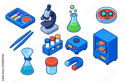 Scientific Lab Equipment Icons. Isometric vector illustration set scientific lab equipment and microbiology: microbiology test kit
