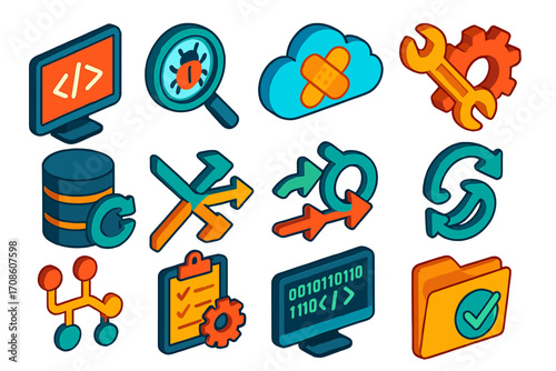 Development Tools Icons. Isometric vector illustration set bug fixing and development tools: monitor with error code, bug inside