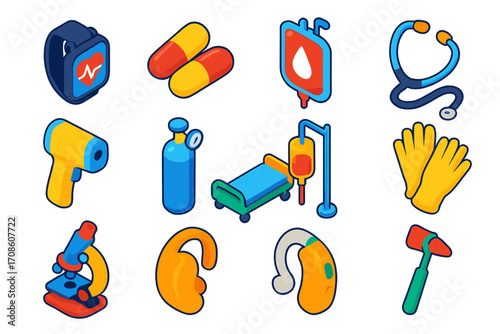 Bold Healthcare Icons. Isometric vector illustration set healthcare app icons: smartwatch health monitor, capsules, blood bag,
