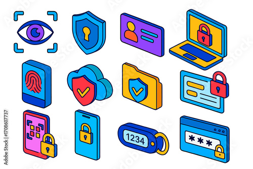 Digital Security Icons. Isometric vector illustration set digital identity and privacy: retina scan frame, shield with keyhole,