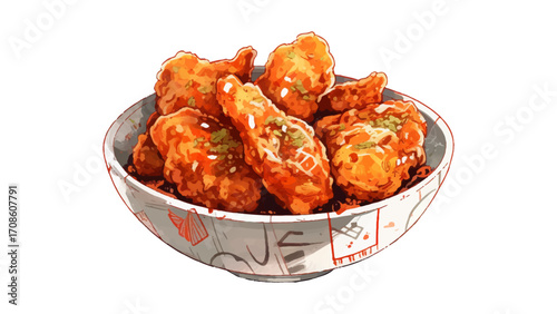 Savory Korean fried chicken glazed with sweet chili sauce in a decorative bowl, perfect for food blogs
