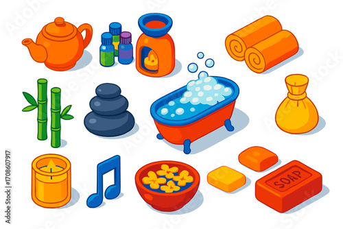 Wellness Relaxation Icons. Isometric vector illustration set relaxation icons for wellness: ceramic teapot, essential oils, aroma