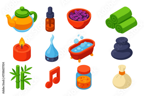Relaxation Essentials Icons. Isometric vector illustration set relaxation icons for wellness: glass teapot, essential oil dropper,
