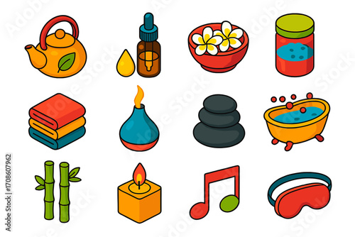 Wellness Relaxation Icons. Isometric vector illustration set relaxation icons for wellness: herbal infusion kettle, oil dropper