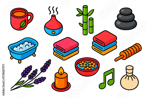 Wellness Relaxation Icons. Isometric vector illustration set relaxation icons for wellness: herbal tea mug, diffuser device,
