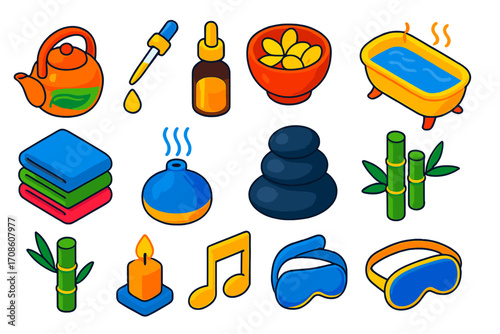 Wellness Relaxation Icons. Isometric vector illustration set relaxation icons for wellness: herbal infusion kettle, oil dropper