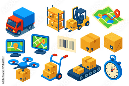 Isometric Logistics Icons. Isometric vector illustration set logistics and delivery: truck with goods, warehouse shelves, pallet
