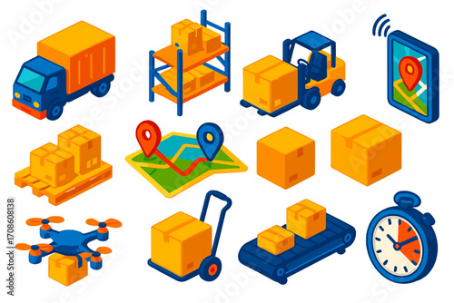 Isometric Logistics Icons. Isometric vector illustration set logistics and delivery: truck with goods, warehouse shelves, pallet