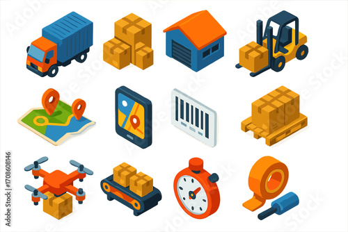 Logistics and Automation Icons. Isometric vector illustration set logistics and delivery: cargo truck, cardboard box stack,