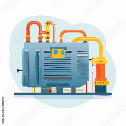 Industrial power generator vector illustration featuring a conceptual flying flywheel, engineered to make operations fly with maximum efficiency