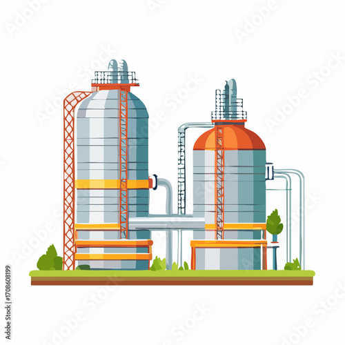 Industrial plant vector illustration with storage tanks and pipes. A clean graphic where concepts of energy production fly, offering a crisp, flying visual for modern industrial design
