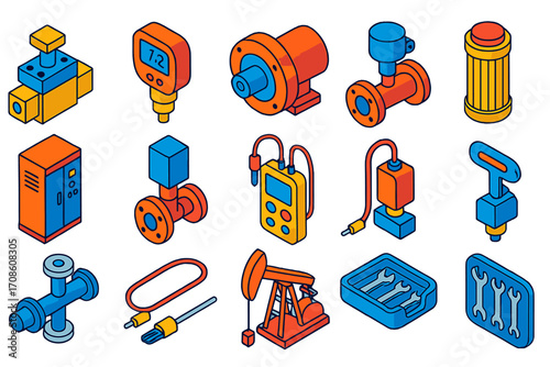Industrial Automation Tools. Isometric vector illustration set industrial automation: pneumatic valve, digital pressure