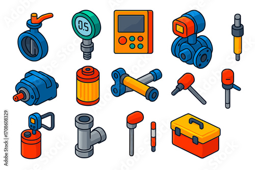 Industrial Automation Icons. Isometric vector illustration set industrial automation: butterfly valve, digital pressure