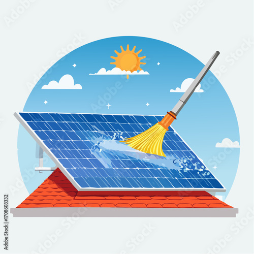 Solar Panel Cleaning A Vector Illustration of a Flying Broom Cleaning a Solar Panel