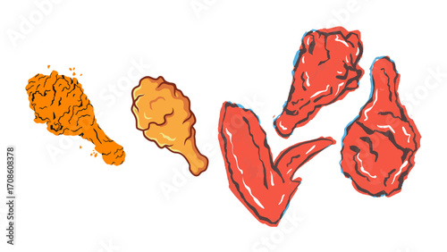 Delicious crispy fried chicken pieces and wings appetizing fast food treat
