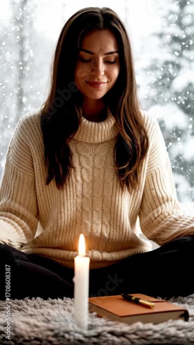A woman in a cozy sweater meditates calmly with eyes closed near a lit candle and notebook on a snowy background.