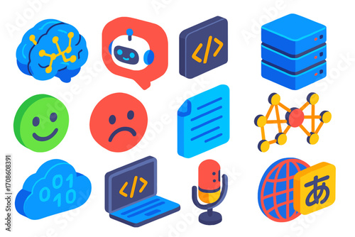 AI Icon Illustration. Isometric vector illustration set AI, chat, code, NLP, database, sentiment: AI brain icon, robot chatbot