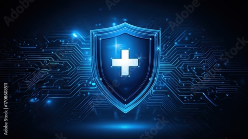 A glowing blue shield with a white medical cross stands in front of a digital circuit background, symbolizing cybersecurity in healthcare