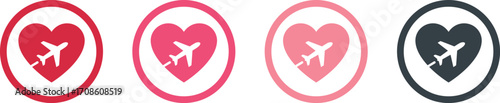 Four variations of a heart and airplane graphic, representing travel and love.