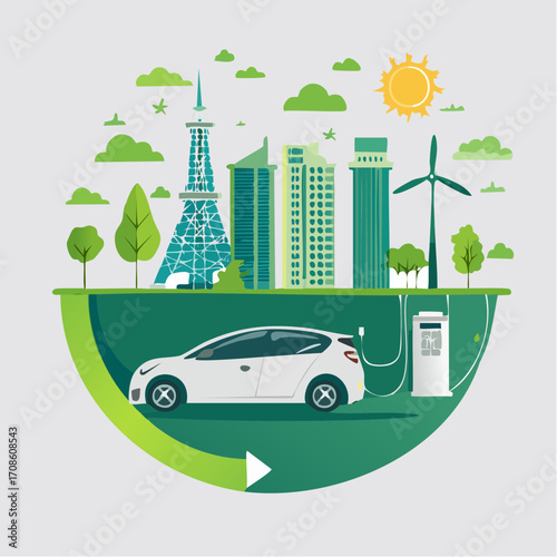Vector fly flying electric car charging station - Sustainable urban environment illustration