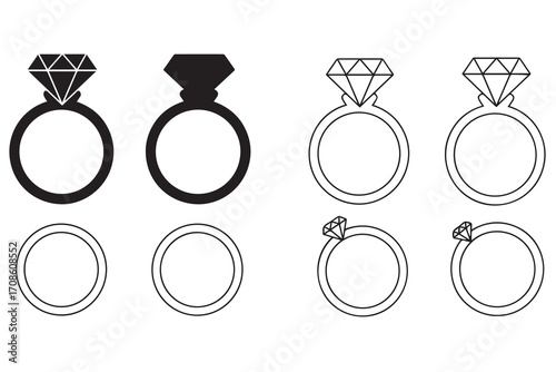 Wedding ring set icon jewelry silhouette and outline gemstone ring marriage vector illustration.eps