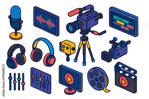 Multimedia Icons Set. Isometric vector illustration set multimedia icons for recording and editing: vocal microphone, stereo