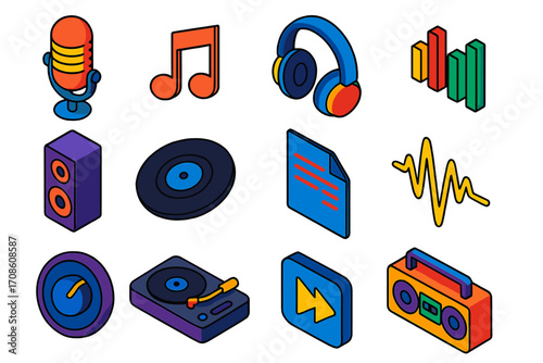 Music Icons Set. Isometric vector illustration set audio and music icons for digital applications and interfaces: broadcast mic,