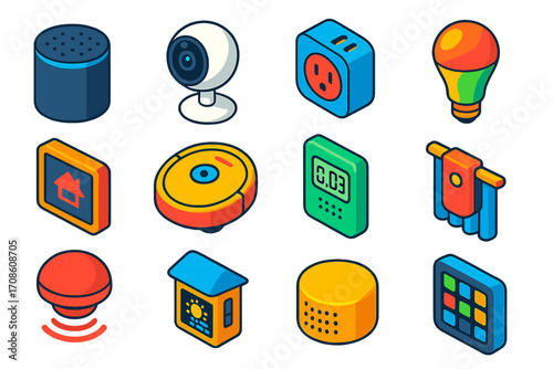 Smart Home Icon Set. Isometric vector illustration set smart home icons: virtual assistant speaker, night vision security cam,