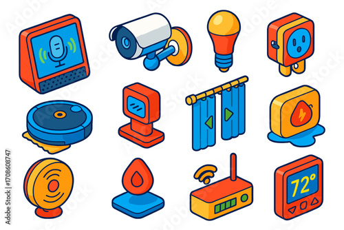 Smart Home Icons. Isometric vector illustration set smart home icons: voice assistant display, rotating outdoor camera,