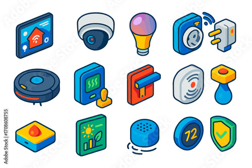 Smart Home and Legal Icons. Isometric vector illustration set smart home icons: control app tablet, outdoor dome cam,