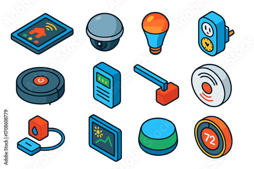 Smart Home and Legal Icons. Isometric vector illustration set smart home icons: control app tablet, outdoor dome cam,