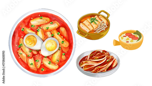 Vibrant Korean food assortment tteokbokki, kimchi, and stew perfect for culinary content