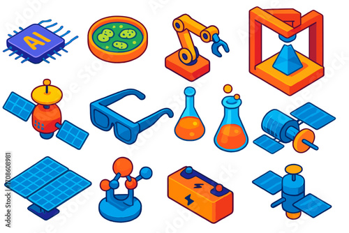 Innovative Tech Icons. Isometric vector illustration set innovative technology and science icons: AI neural chip, microbiology