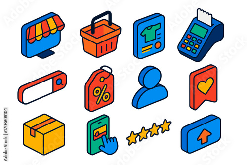 Colorful E-commerce Icons Set. Isometric vector illustration set e-commerce and user interface design: digital shop icon, shopping