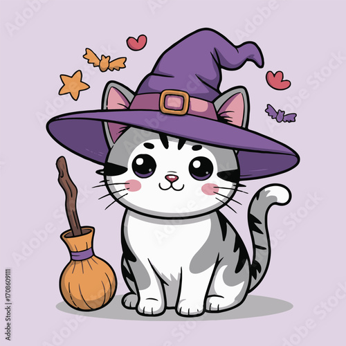 Vector art of a delightful cartoon cat dressed as a witch with a broom, set against a light purple background, perfect for halloweenthemed designs, greeting cards, or childrens illustrations