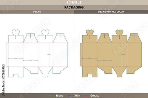Gift box packaging dieline with tuck end lid design, editable carton template for branding and retail packaging with fold marks and accurate professional die line