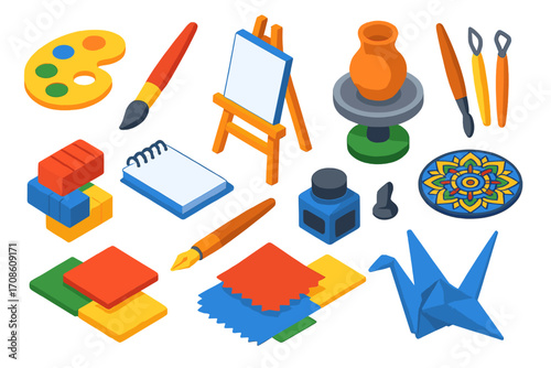 Art Therapy Icons. Isometric vector illustration set Art therapy: paint palette, watercolor brush, sketchbook, easel, pottery