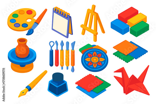 Art Therapy Icons. Isometric vector illustration set Art therapy: paint palette, watercolor brush, sketchbook, easel, pottery