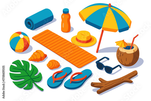 Seaside Yoga Icons. Isometric vector illustration set Seaside yoga: yoga mat, rolled towel, beach ball, water bottle, seashells,