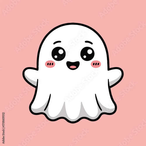 Vector art of a charming cartoon ghost with a sweet smile on a pink background, ideal for halloweenthemed designs, greeting cards, or childrens illustrations, showcasing its friendly and adorable appe