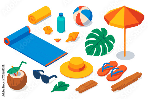 Seaside Yoga Icons. Isometric vector illustration set Seaside yoga: yoga mat, rolled towel, beach ball, water bottle, seashells,