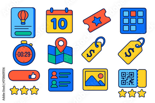 Event App Icons. Isometric vector illustration set Event booking app: event card, calendar date, ticket icon, seat map, countdown
