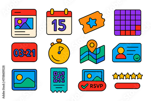 Event App Icons. Isometric vector illustration set Event booking app: event card, calendar date, ticket icon, seat map, countdown